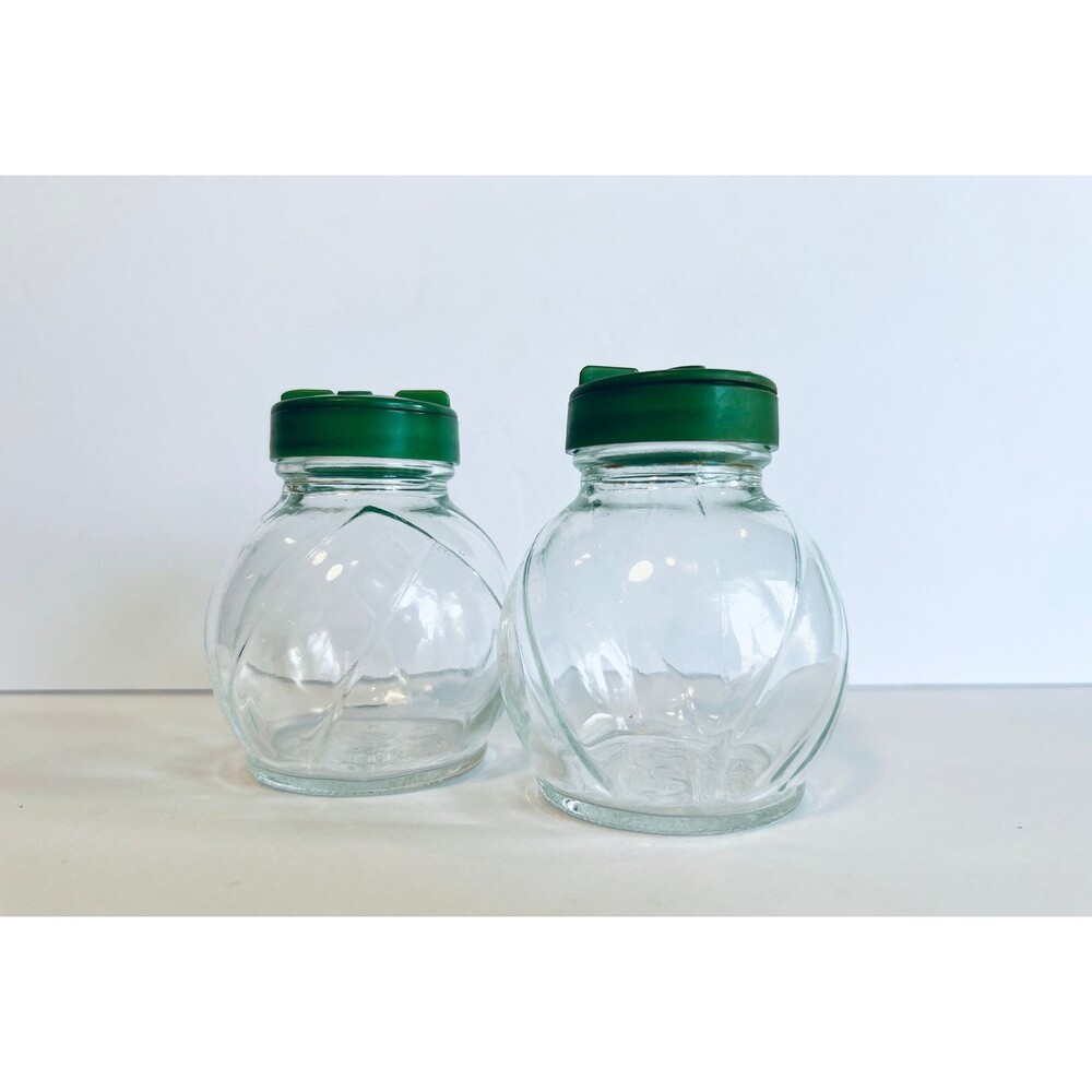 Vintage Anchor Hocking Glass Salt & Pepper Shakers with Green Lids